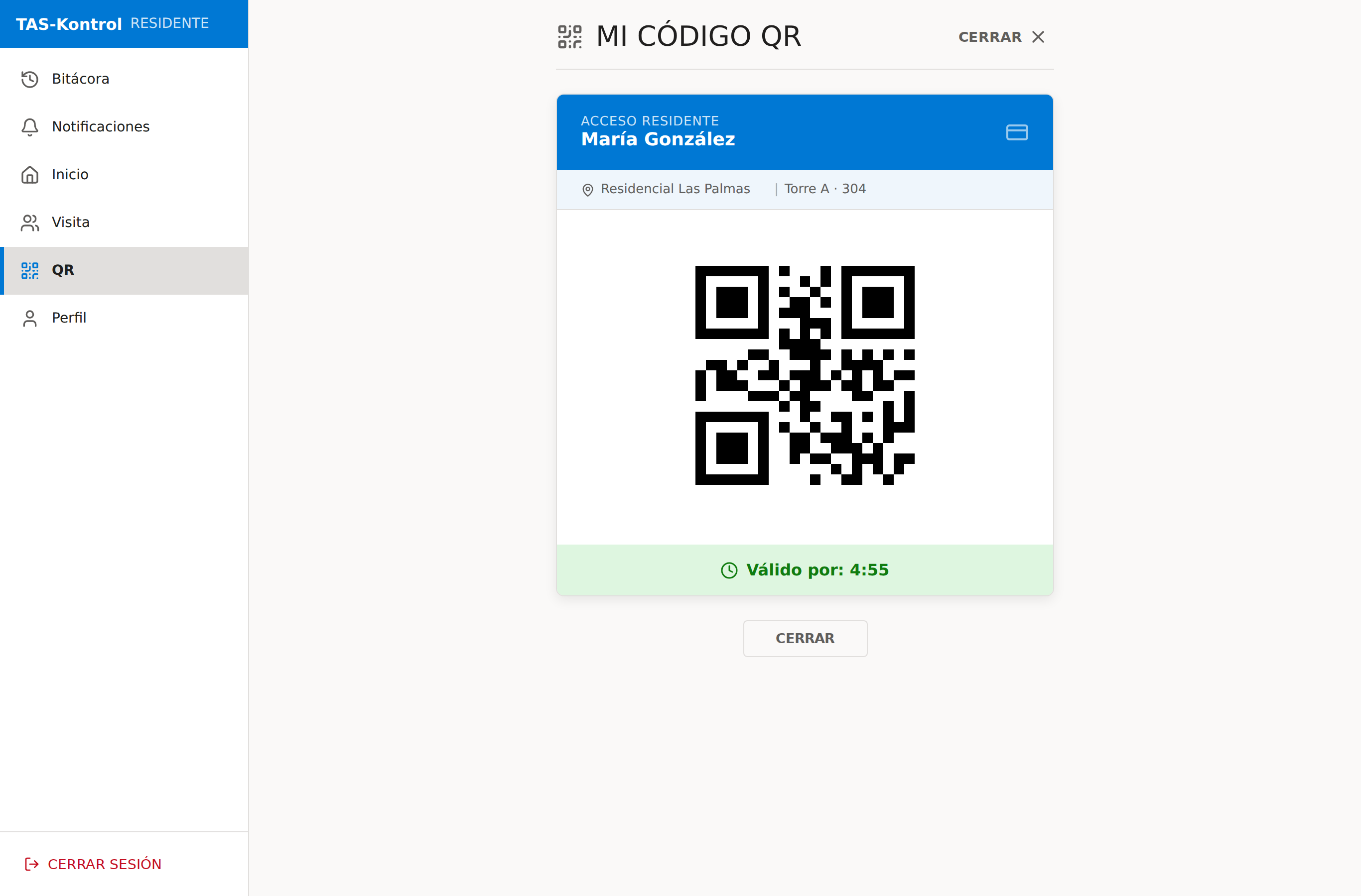 Pase de acceso QR del residente