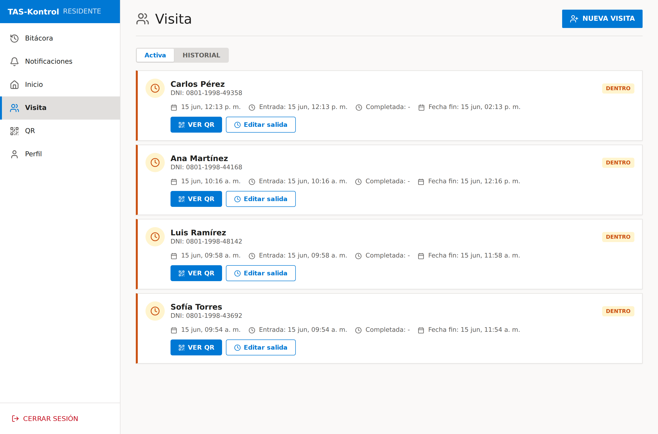 Registro de visitas del residente